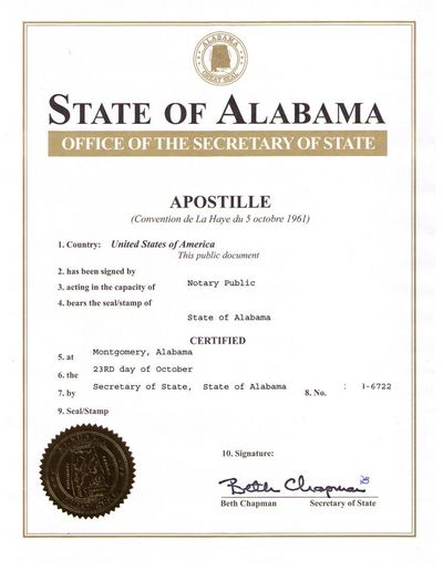 Alabama Apostille certificate for AL Vital Records, Business Licenses and Certificates, Diploma, POA