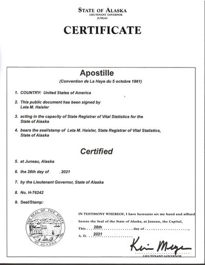 Alaska Apostille certificate for AK Vital Records, Business Licenses and Certificates, Diploma, POA