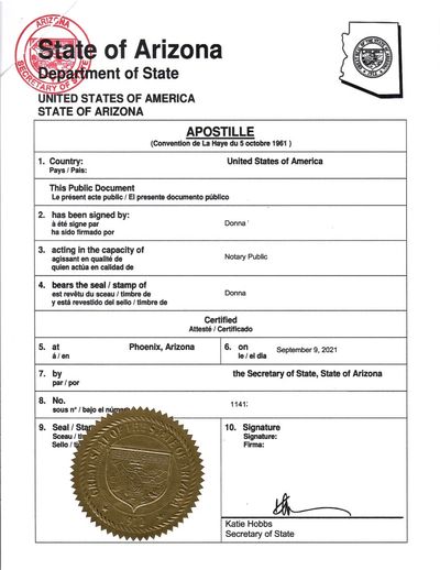 Arizona Apostille certificate for AZ Vital Records, Business Licenses and Certificates, Diploma, POA