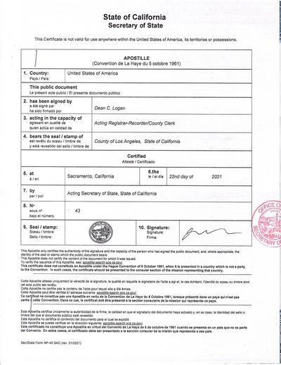 California Apostille for CA Vital Records, Business Certificates, and notarized documents. 