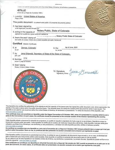 Colorado Apostille for CO Vital Records, Business certificates, and CO notarized documents.