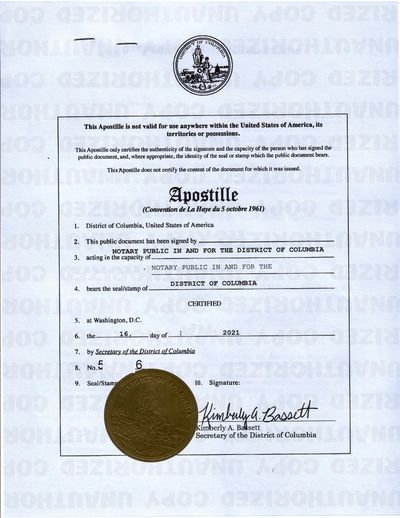 Washington DC Apostille for DC Vital records, Business certificates, and DC notarized documents.