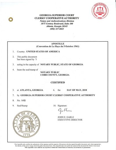 Georgia Apostille for GA Vital records, Business certificates, and GA Notarized documents. 