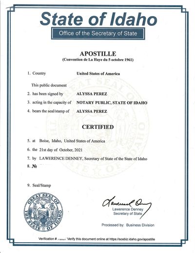 Idaho Apostille certificate for Idaho vital records, business certificates, and ID notarized dox.