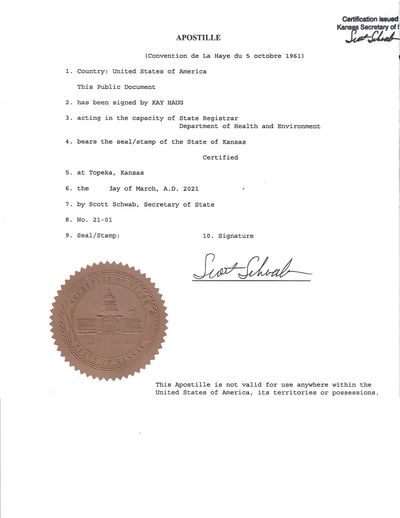 Kansas Apostille for KS Vital records, Business certificates, and KS Notarized documents.