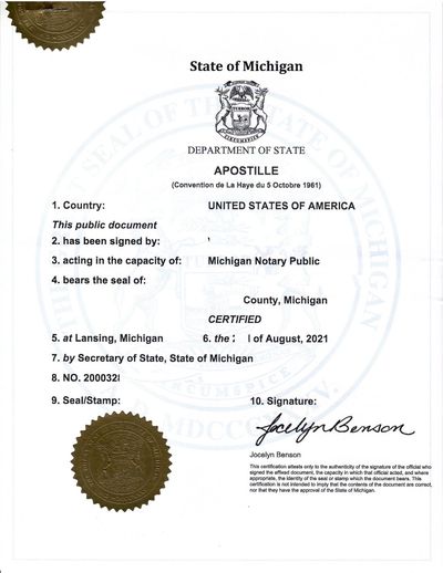 Michigan Apostille for MI Vital records, Business certificates, and MI notarized documents.