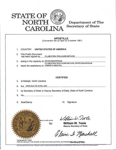 North Carolina Apostille for NC Vital records, Business certificates, and NC notarized documents. 