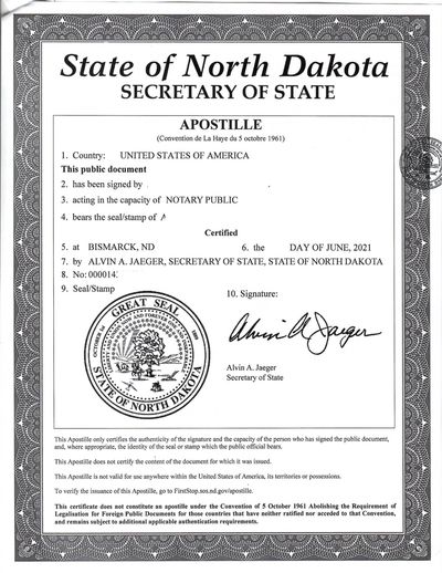 North Dakota Apostille for ND Vital records, Business certificates, and ND notarized documents.