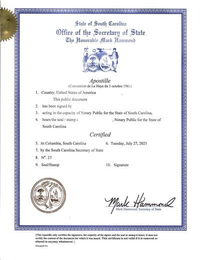 South Carolina Apostille for SC Vital records, Business certificates, and SC notarized documents.