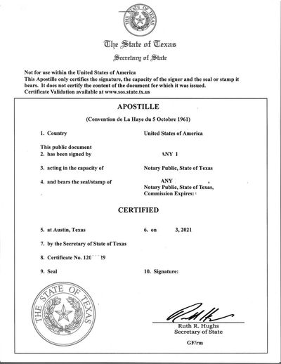 Texas Apostille for TX Vital records, Business certificates, and TX notarized documents.