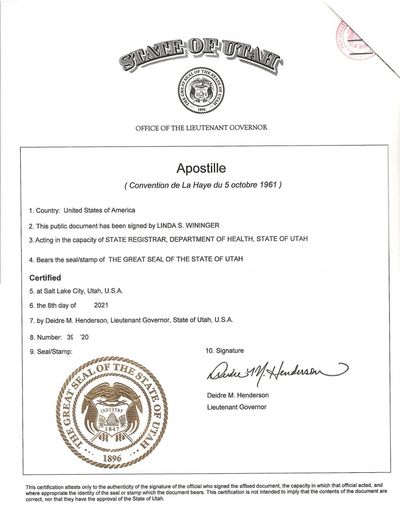 Utah Apostille for UT Vital records, Business certificates, and UT notarized documents.