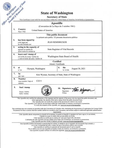 Washington State Apostille for WA Vital records, Business certificates, and WA notarized documents.