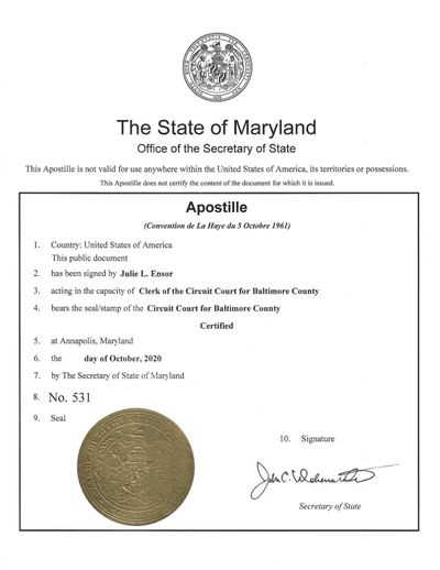 Maryland Apostille for MD Vital records, Business certificates, and MD Notarized documents.