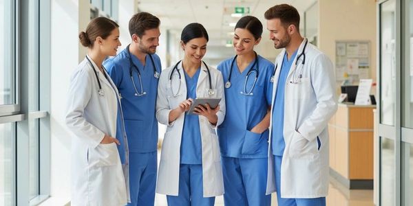 A group of healthcare professionals discussing in a hospital corridor.