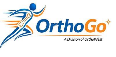 Logo of OrthoGo showing a running figure with a bone illustration.