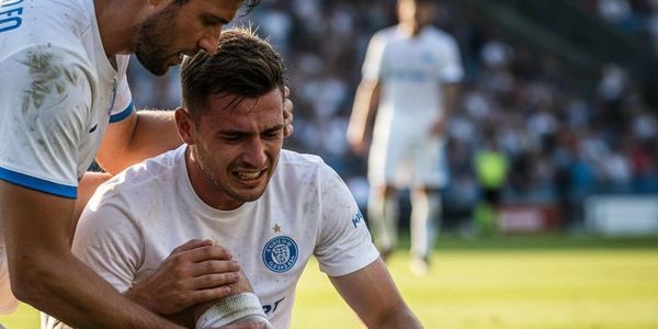 Soccer player injured on the field with a teammate helping.