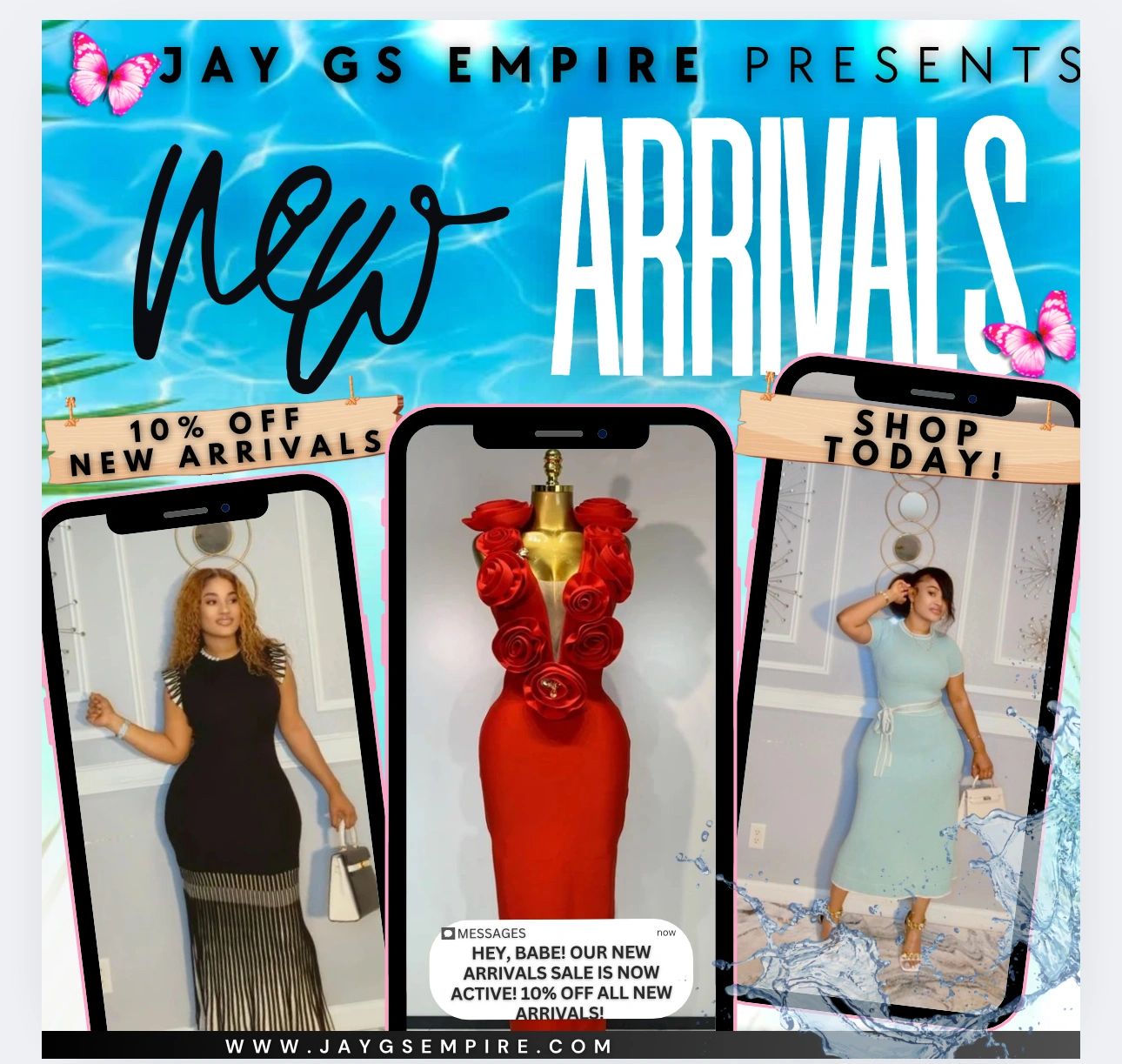 Fashion ad showcasing new arrivals with 10% off and stylish dresses.