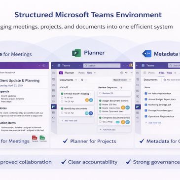 Three Microsoft tools: OneNote for meetings, Planner for projects, and Metadata for governance.