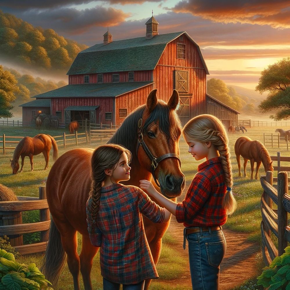 Two girls who are friends standing beside a large brown horse on a ranch.