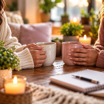 Two people holding mugs in a cozy setting.