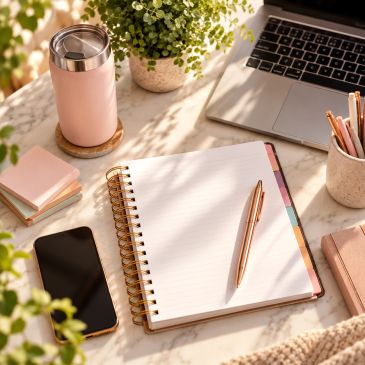 Cozy workspace with notebook, pen, laptop, and plants.