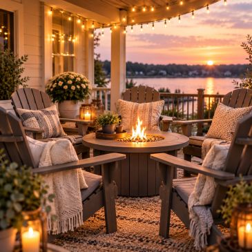 Cozy outdoor seating with fire pit and sunset view.