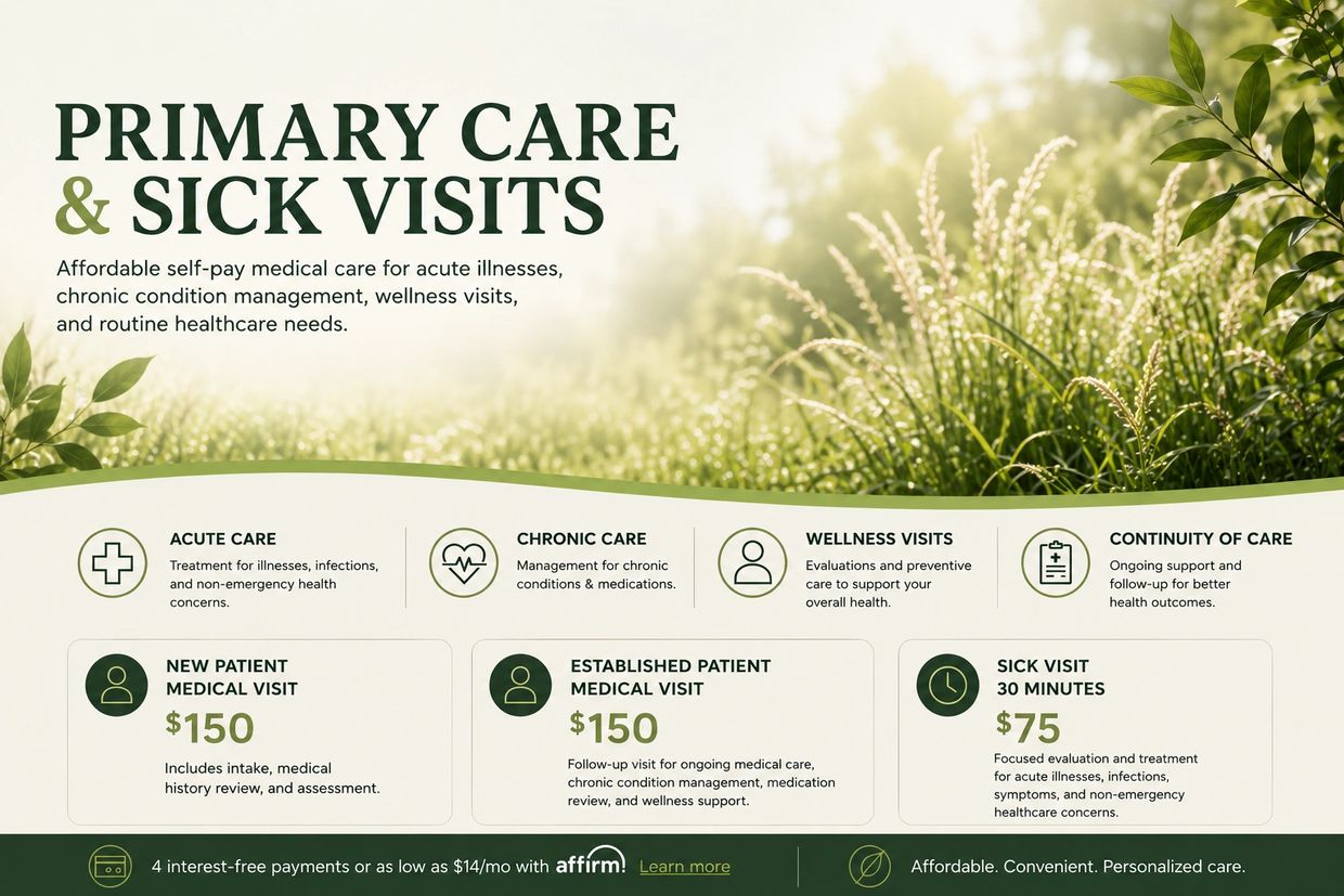 Primary care and sick visit medical services for acute and chronic conditions with affordable self-p