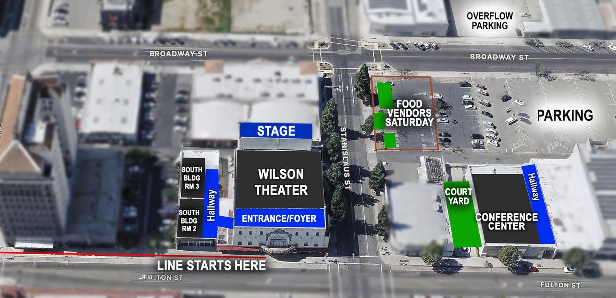 Aerial map of Wilson Theater area with theater, stage, parking, and food vendors.
