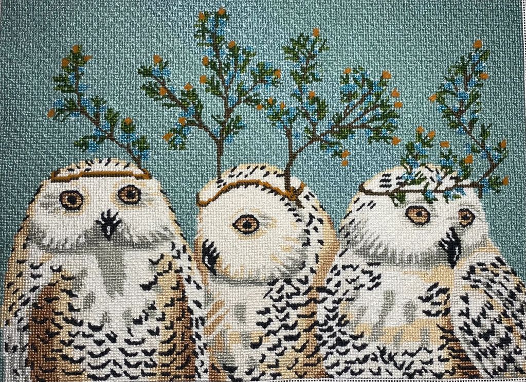 Festive Owls needlepoint by Vicky Sawyer stitched by Blister's Needlepoint