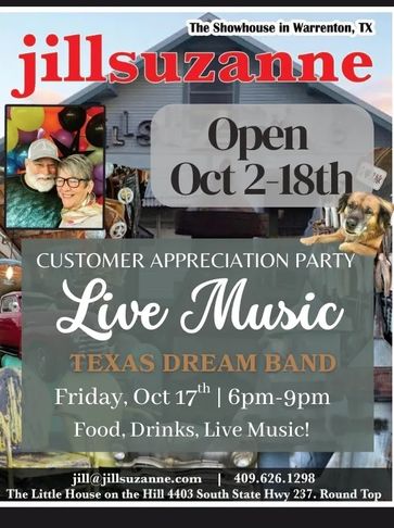 Jillsuzanne customer appreciation party with live music by Texas Dream Band, Oct 2-18 in Warrenton, TX.