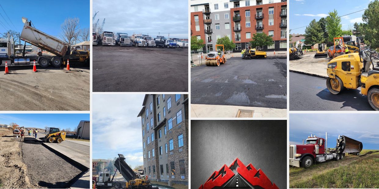 Photos of asphalt paving and construction machinery.