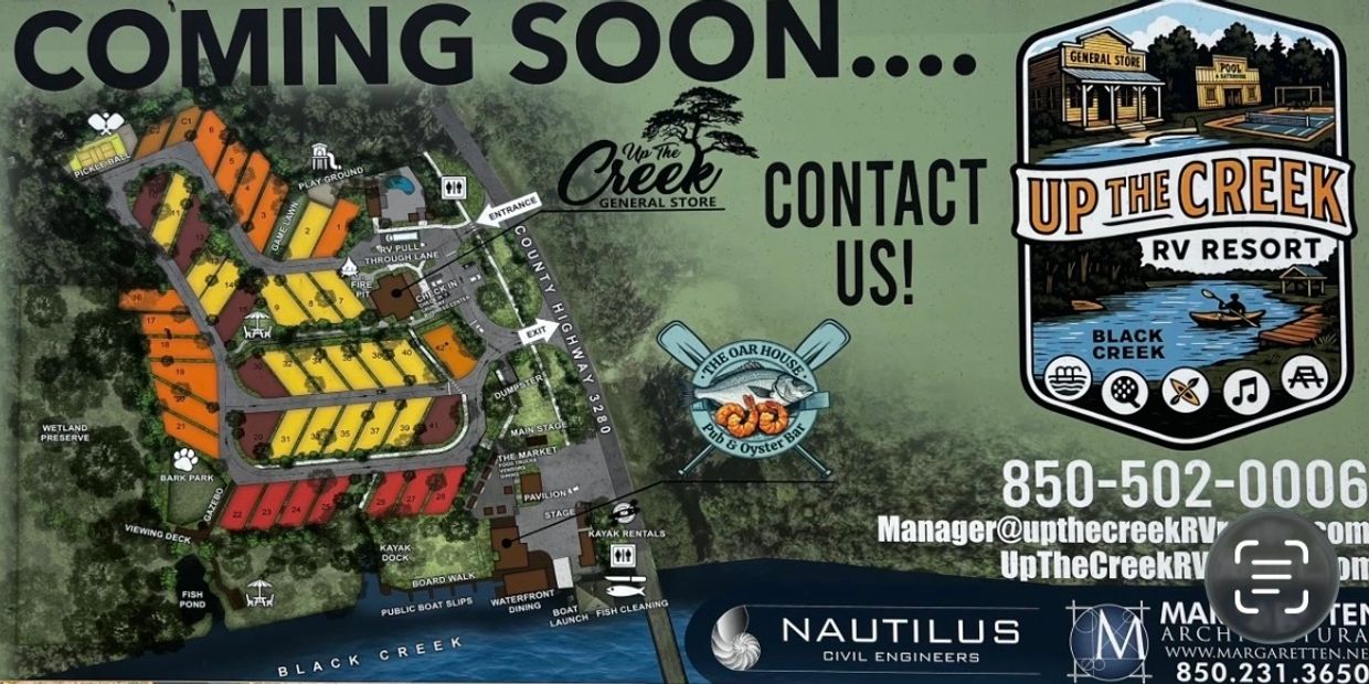 Map and contact info for Up The Creek RV Resort, featuring amenities and site layout.