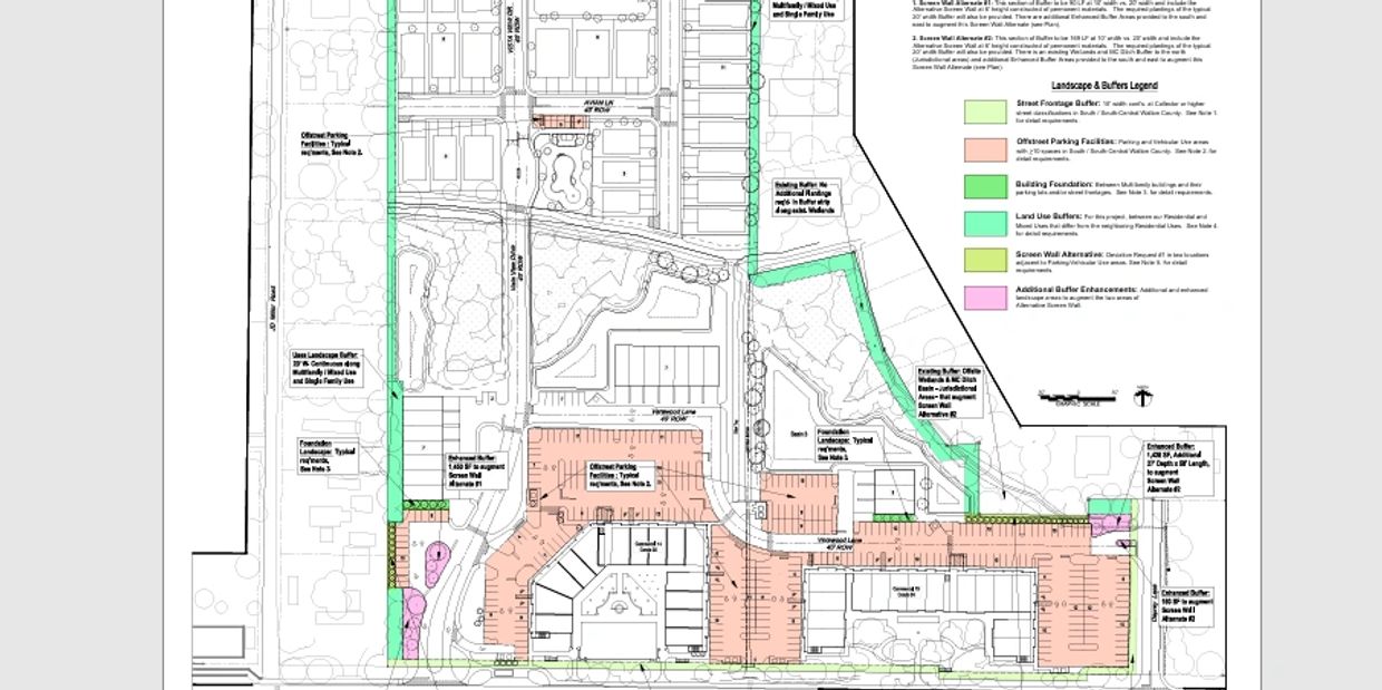 Site plan showing landscape buffers and parking layout with color-coded zones.