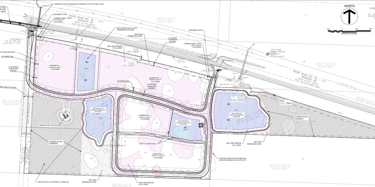Site plan showing commercial zones, wetlands, roads, and conservation areas.