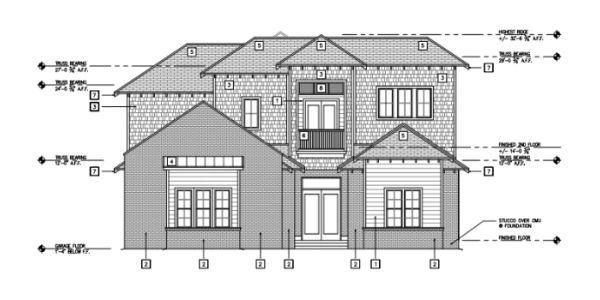 Architectural blueprint of a two-story house front elevation with detailed measurements.