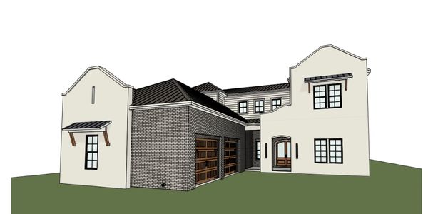 3D render of a modern two-story house with brick garage and white walls.