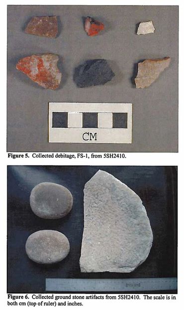 Various collected debitage and ground stone artifacts with scale markers from site 5SH2410.