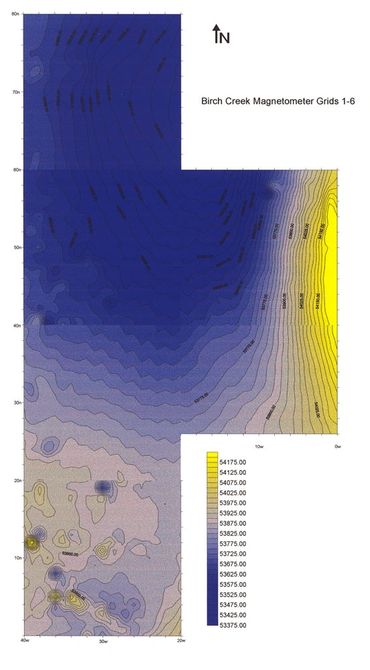 Contour map showing magnetic field variations at Birch Creek with directional arrows.