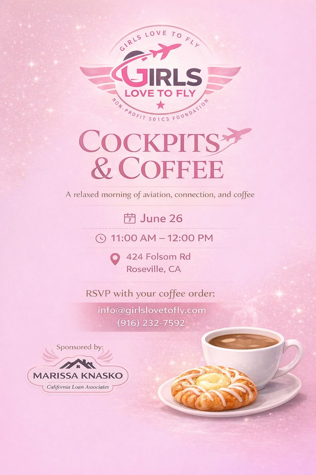 Fly with Girls Love to Fly for Cockpits &amp; Coffee event on June 26, Roseville, CA.