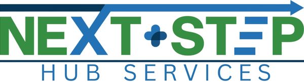 Logo for Next Step Hub Services with arrow and blue-green text.