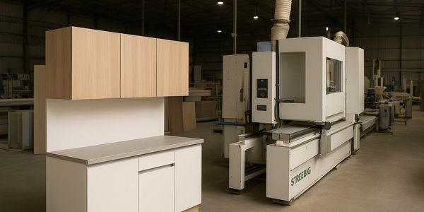 Modern woodworking machine next to newly crafted kitchen cabinets in a spacious workshop.