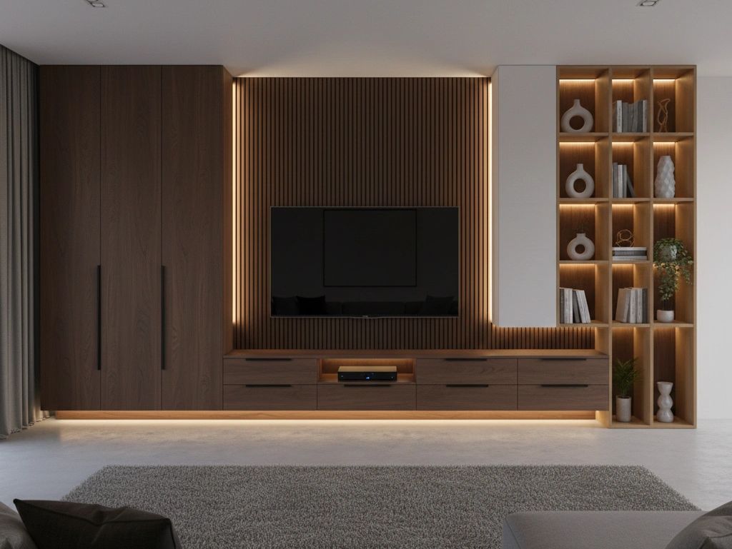 Modern living room with wooden entertainment unit and ambient lighting.