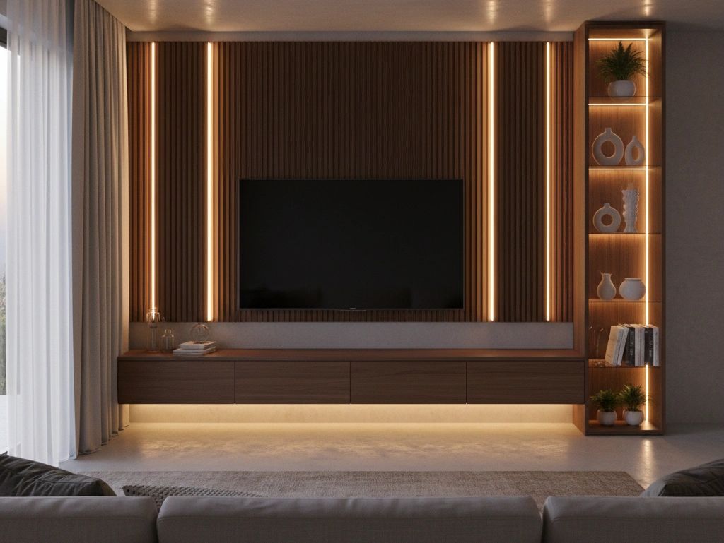 Modern living room with a sleek TV wall and ambient lighting.