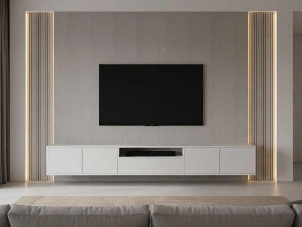 Modern living room with a wall-mounted TV and sleek white cabinet.