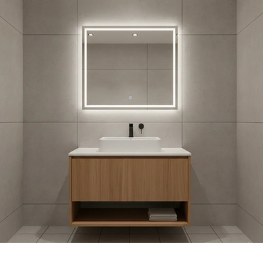 Minimalist bathroom with illuminated mirror and wooden vanity.