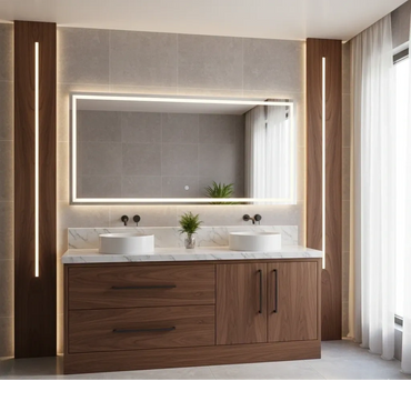 Modern bathroom vanity with illuminated mirror and wooden cabinetry.