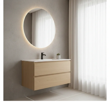 Modern bathroom vanity with illuminated round mirror and light wood drawers.