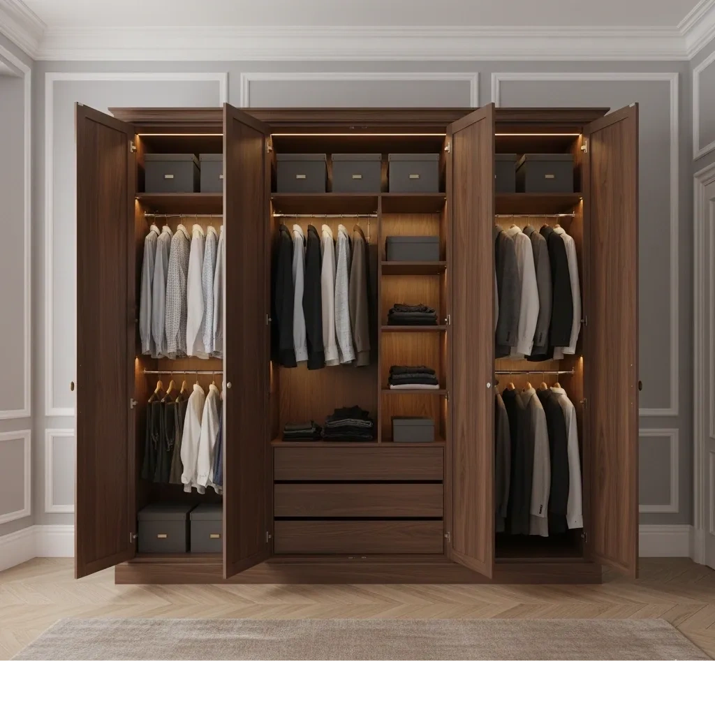 Organized wooden wardrobe with clothes and storage boxes neatly arranged.