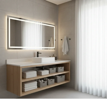 Modern bathroom vanity with illuminated mirror and organized storage.