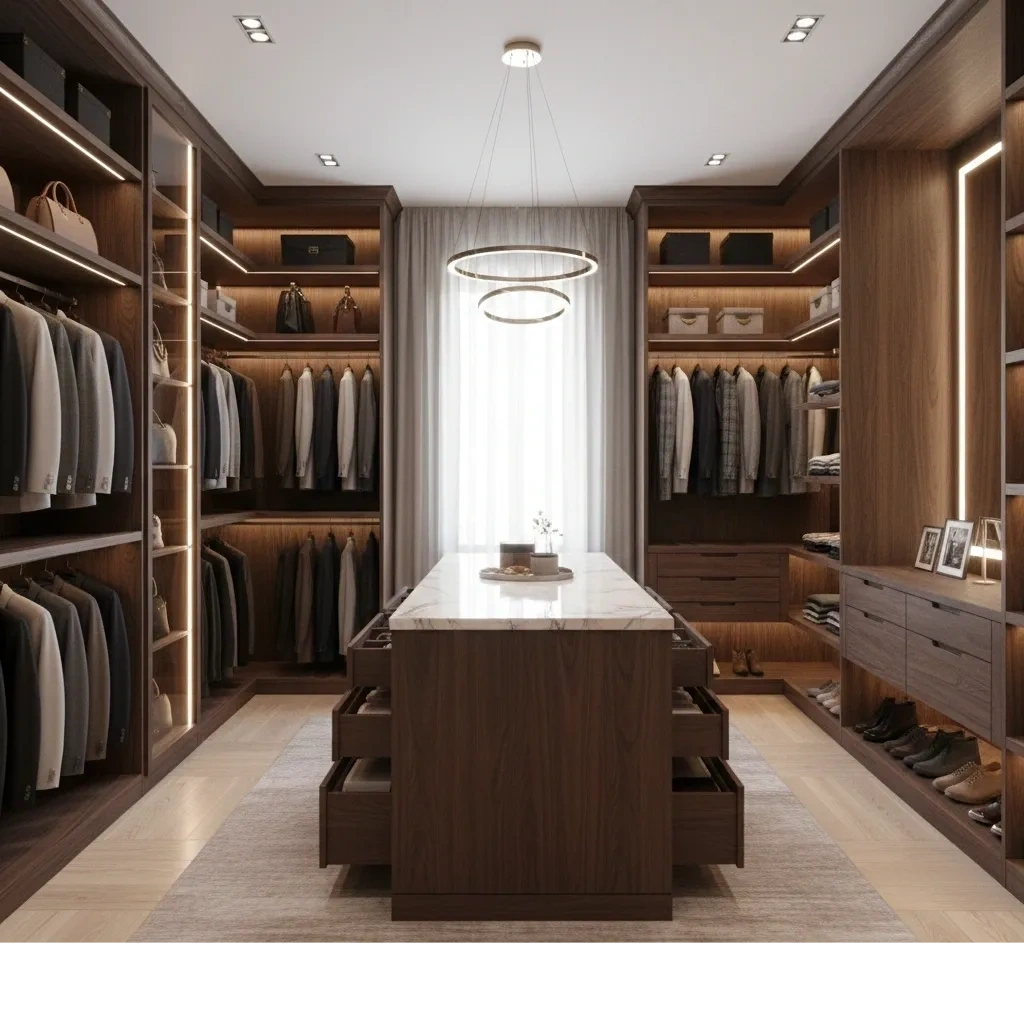 A modern, luxurious walk-in closet with wooden shelves, suits, shoes, and a central island with a marble top.